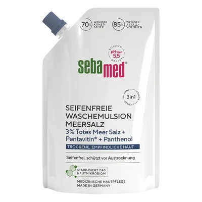Abbildung von SEBAMED Meersalz Wasch Emulsion 400 ml Nachfüllbeutel, für die tägliche seifenfreie Reinigung Gesicht, Körper und Hände, wirkt Austrocknung entgegen, mit original Totes Meer Salz Mineralien