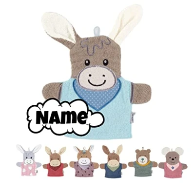 Abbildung von Sterntaler Waschlappen Kinder personalisiert Waschhandschuh Frottee mit Namen bestickt 100% Baumwolle Baby Geschenke (Emmi Esel hellblau)