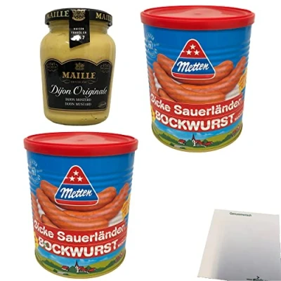 Abbildung von Metten Dicke Sauerländer Bockwurst 10x80g (2x400g Dose) Maille Dijon Senf (215g Glas) + usy Block