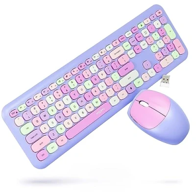 Abbildung von Silvergear® Retro Kabelloses Funk Tastatur &amp; Maus Set QWERTY Vintage Design Schreibmaschinenstil Silent Keyboard Geeignet für Windows XP, 7, 8, 10 Bunte Runde Tasten Leise Klick Lila