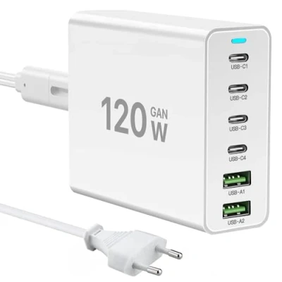 Abbildung von USB C Ladegerät, 120W Netzteil 6 Port GaN PD 3.0 Schnellladegerät mit 4 und 2 A Mehrfach Ladegerät Stecker Adapter Kompatibel iPhone 12/13/14/15/Samsung Galaxy S23/S22/S21/Tablet