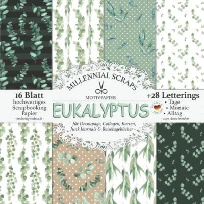 Abbildung von MOTIVPAPIER Eukalyptus für Decoupage, Collagen, Karten, Junk Journals &amp; Reisetagebücher : DIY Papier Zubehör zum Ausschneiden I Mit Letterings Kalender Basteln, Tagebuch Deko Inspo