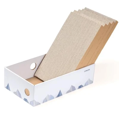 Abbildung von Conlun 5er Pack Katzenkratzbox mit Katzenkratzpad, Großes Beidseitiges Design, Interaktive Öffnungen, Sauber &amp; Langlebig, Kratzpappe für Katzen, Möbelschutz (Groß, Weiß)