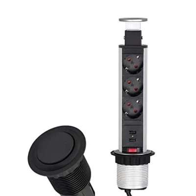 Abbildung von Versenkbare Einbausteckdose Silber mit Kabel/Stecker 3er Schuko + 2X USB Steckdose Tischsteckdose versenkbar Schreibtisch Stromdose Energiestation