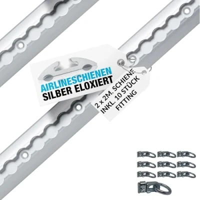 Abbildung von NTG 2 Stück je m Airlineschiene halbrunde Form aus Aluminum mit Bohrungen Sparset inkl 10 Doppelfitting Ladungssicherung für LKWs, Anhänger, Wohnmobile eloxiert 1975mm