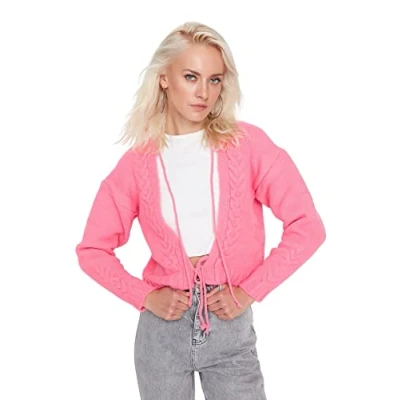 Abbildung von TRENDYOL Damen Einfarbige Strickjacke mit V ausschnitt Pullover, Rosa, M EU