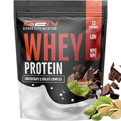 Abbildung von Whey Protein Pulver 1000 g (Pistazie Schokolade) mit Isolate Anteil bis zu 22 pro Portion Instant lösliches Eiweiss BCAA &amp; EAA