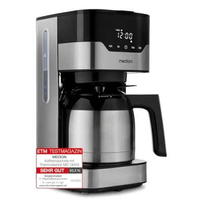 Abbildung von MEDION Kaffeemaschine mit Thermoskanne und Timer (Filtermaschine, 8 Tassen, 1,2 Liter, 900 Watt, 3 Stufen, Warmhaltefunktion, Zeitschaltuhr, Antitropf, Display, MD18458) edelstahl