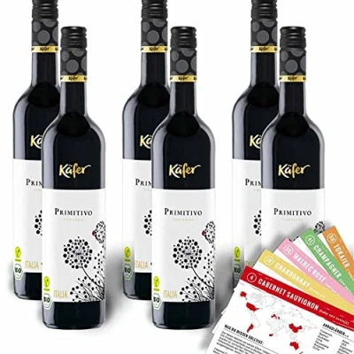 Abbildung von Käfer Bio Primitivo Puglia IGP, trocken, sortenreines Weinpaket + VINOX Winecards (6x0,75l)