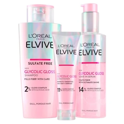 Abbildung von L&#039;Oréal Paris Elvive Glycolic Gloss Conditioner 150 ml + Shampoo 200 Serum ohne Ausspülen, ml, Set für stumpfes und poröses Haar, intensiver langanhaltender Glanz 3 Flaschen