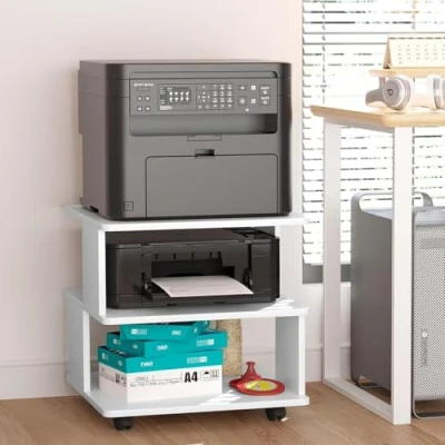 Abbildung von 3 Ebene Druckertisch mit Rollen, Mobiler Druckerständer, Druckerwagen aus Holz, Druckerregal für Büro Zuhause Schule, Druckerhalter Fax Kopierer Scanner, 50 x 49 cm, Weiß