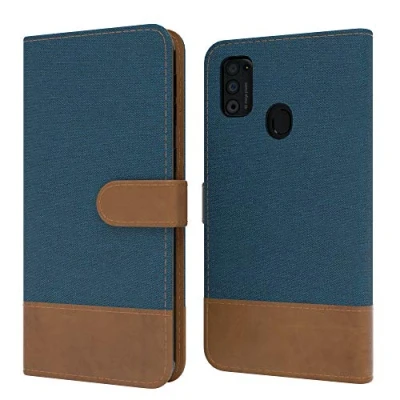Abbildung von EAZY CASE Tasche kompatibel mit Samsung Galaxy M30s Stoff Schutzhülle Standfunktion Klapphülle Bookstyle, Handytasche Handyhülle Cover Magnetverschluss und Kartenfach, Kunstleder, Dunkel Blau