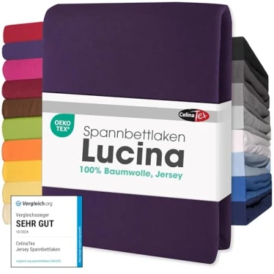 Abbildung von CelinaTex Jersey Topper Spannbettlaken Lucina Doppelpack 90x200 100x200cm lila 100% Baumwolle gekämmt bis 12cm Matratzenhöhe Oeko TEX