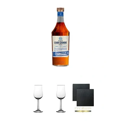 Abbildung von Wilthener Cask Grande Brandy XO 40% 0,7 Liter + 2 Bugatti Nosing Gläser mit Eichstrich 2cl und 4cl Schiefer Glasuntersetzer eckig ca. 9,5 cm Ø