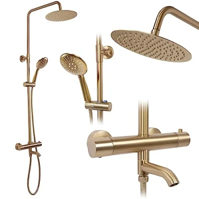 Abbildung von wohnwerk.idee Duschsystem Dusche mit Thermostat Lungo Gold Matt Gebürstet