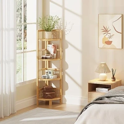 Abbildung von Dripex Eckregal stehend, Standregal aus Bambus, Bücherregal 4 Ablagen, 104x30x30cm, Lagerregal für Badezimmer, Wohnzimmer, Küche, Balkon