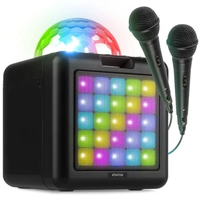 Abbildung von Fenton KAR15B Mobile Karaoke Maschine Kinder mit 2 Mikrofonen, Bluetooth, Akku, LED Lichteffekte, Echo Modi &amp; AUX Eingang Tragbare Box USB C Kabel, ideal für Partys Duette Schwarz