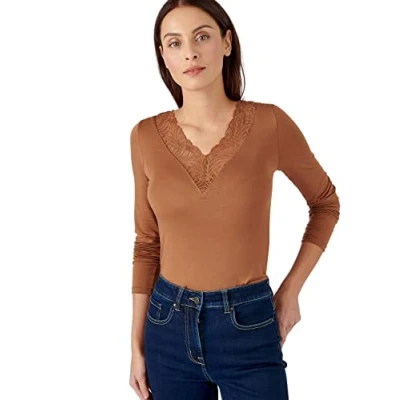 Abbildung von Damart Damen Unsichtbares langärmliges Thermolactyl mit Spitze T Shirt, Bernstein, M