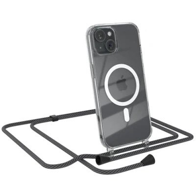 Abbildung von EAZY CASE Handykette kompatibel mit iPhone 15 Kette zum Umhängen Stoßfest Handyhülle für Silikon Hülle Band Transparent als Fallschutz in Schwarz/Anthrazit Clips Schwarz