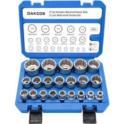 Abbildung von DAKCOS 21tlg 1/2&quot; Vielzahn Nuss Satz Steckschlüssel Set für 6 und 12 Kant SW 8 36mm Außenvielzahn Stecknuss aus CR V mit mattierter Chromoberfläche