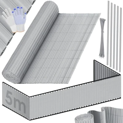 Abbildung von KESSER® PVC Sichtschutzmatte Sichtschutzzaun 90 x 500 cm Balkonverkleidung Windschutz verstärkte Lamellen für Garten Balkon &amp; Terrasse Balkonumrandung inkl. Kabelbindern Abdeckung Hellgrau
