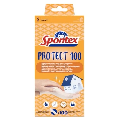 Abbildung von Spontex Protect Einmalhandschuhe aus Vinyl, ungepudert und latexfrei, vielseitig einsetzbar, in praktischer Spenderbox, Größe S, 100er Pack