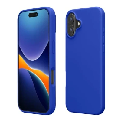 Abbildung von kwmobile Hülle kompatibel mit iPhone 16 Plus Silikon Handy Case Handyhülle weiche Oberfläche kabelloses Laden Baltik Blau