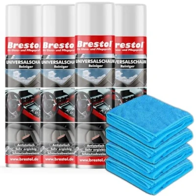 Abbildung von Brestol Autoreiniger Set3 4x 400 ml Dose + Universaltuch Universalreiniger Schaum Glasreiniger Scheibenreiniger Spiegelreiniger Fensterreiniger Reinigerschaum Universalschaum