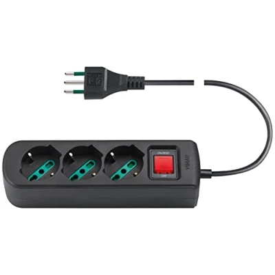 Abbildung von Vimar 0R00637.CC Mehrfachsteckdose mit Leistungsschutzschalter und 1,5 m Kabel, 3 Ausgänge SICURY Universal italienischen Standard, Stecker 10 A Italienischer Schwarz