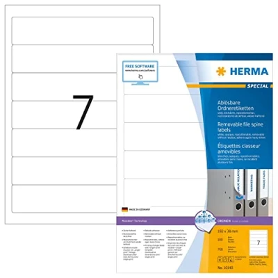 Abbildung von HERMA 10140 Ordnerrücken Etiketten ablösbar kurz schmal, 100 Blatt, 192 x 38 mm, 7 pro A4 Bogen, 700 Stück, selbstklebend, bedruckbar, blickdicht, Papier Ordneretiketten Rückenschilder Aufkleber, weiß