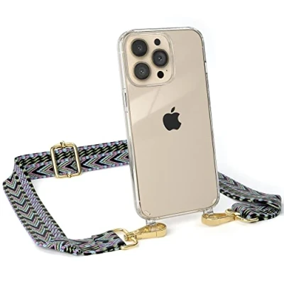 Abbildung von EAZY CASE Handykette Verstellbarer Trageriemen kompatibel mit iPhone 13 Pro, Schulterriemen, dünner Riemen, Handykordel Hülle, Schultertasche, Lila/Grün Clip Gold