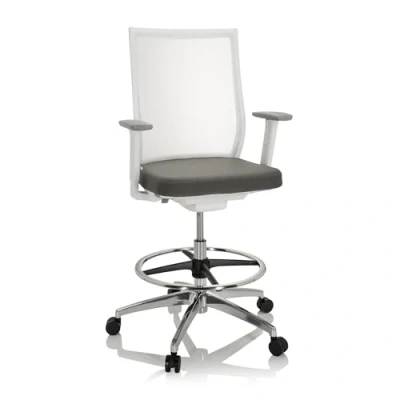 Abbildung von hjh OFFICE 657667 Arbeitsstuhl Aspen Work W Stoff Weiß/Grau ergonomischer Counterstuhl mit Ring Fußstütze, Netzrücken