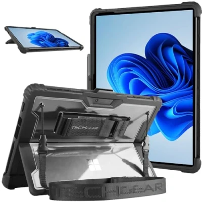 Abbildung von TECHGEAR DuraTUFF Hülle kompatibel mit Microsoft Surface Pro 8 [Signature Keyboard kompatibel] Robuste, stoßfeste Schutzhülle Handschlaufe, Schultergurt, Ständer und Stifthalter