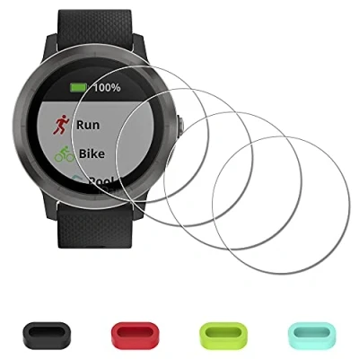 Abbildung von iDaPro Displayschutz Schutzfolie für Garmin Vivoactive 3 Watch (Not for Music) + 4 teiliger Ladeanschlussschutz, 9H Härte Gehärtetes Glas Displayschutzfolie [4 Stück]