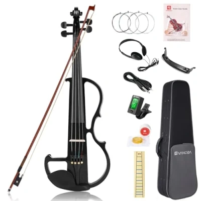 Abbildung von Vangoa 4/4 Elektrische Violine Geige aus Massivem Holz Electric Stille in Volle Größe mit Kolophonium, Tragetasche, Audiokabel, Schulterstütze, Bogen, Schwarz