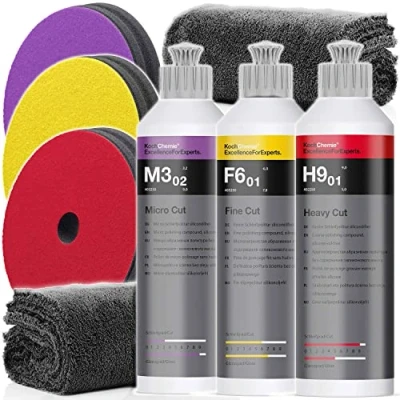 Abbildung von detailmate Koch Chemie Politur Set: KochChemie Micro Cut + Fine Heavy (je 250ml) 3 passende Polierpads 2 Mikrofasertücher, 550GSM