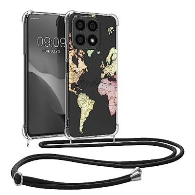 Abbildung von kwmobile Necklace Case kompatibel mit Honor X8a Hülle Silikon Cover Handykette Schwarz Mehrfarbig Transparent Travel Schriftzug