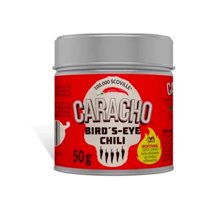 Abbildung von CARACHO 50g Bird Eye Chiliflocken 100% Extrem Scharf Chillipulver in Metal Gewürz Dose/Scoville: 100.000 200.000 / Chili Spezialität