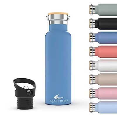 Abbildung von DAIKOKU Bottle, Doppelwandige Thermosflasche aus Edelstahl, Thermosflasche, die das Getränk stundenlang heiß oder kalt hält, zwei Verschlüsse, blau, 750 ML
