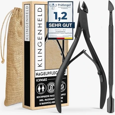 Abbildung von KLINGENHELD® Präzise Nagelhautzange inkl. 1 Nagelhautschieber Sehr leichtgängig &amp; extra scharf Reise Etui aus Baumwolle 100% plastikfrei nachhaltig Nagelhautschere, Nagelhautschneider