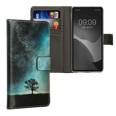 Abbildung von kwmobile Wallet Case kompatibel mit Google Pixel 7a Hülle Cover Ständer und Kartenfächern Galaxie Baum Wiese Blau Grau Schwarz