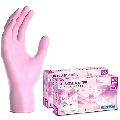 Abbildung von 200x ARNOMED Einweghandschuhe Rosa (2x100 Stück), Einmalhandschuhe XS, Nitril Handschuhe Einweg, Nitrilhandschuhe puderfrei, Gummihandschuhe Schutzhandschuhe, in S, M, L