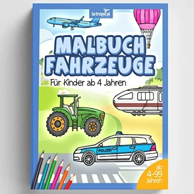 Abbildung von Malbuch Fahrzeuge für Kinder ab 4 Jahren: Detaillierte Malvorlagen inklusive Expertenwissen über Polizei, Feuerwehr, Traktor, Bagger, Autos, Flugzeuge, Schiffe und weitere Nutzfahrzeuge.