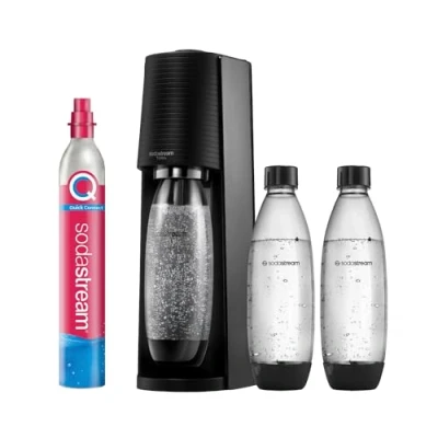 Abbildung von SodaStream Wassersprudler Terra Promopack mit CO2 Zylinder und 3X 1L spülmaschinenfeste Kunststoff Flasche, Schwarz, Höhe 44 cm