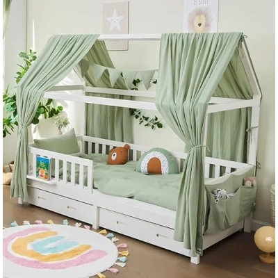 Abbildung von Alavya Home® Hausbett BUCHE CLOUD BESTSELLER! (SET Kinderbett 90x200, inkl. Matratze Schubladen Buchablage Rausfallschutz und Lattenrost), 90x200cm für Mädchen Jungen aus Massiv Buchenholz