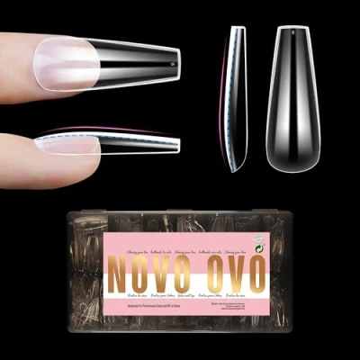 Abbildung von NOVO OVO L Natural Coffin Nail Tip for Flat Nails, geformte Ballerina für gebogene Nägel, extra dicke lange künstliche vollständige Abdeckung x 15 Größen, 450 Stück