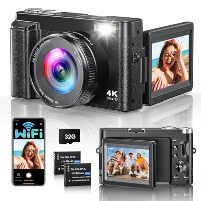 Abbildung von 4K 64MP Digitalkamera mit WLAN, 16X Digitalzoom, 180 Flip Screen Autofokus Vlogging Fotoapparat Selfie, WiFi Kompaktkamera 32GB Karte 2 Batterien für Anfänger