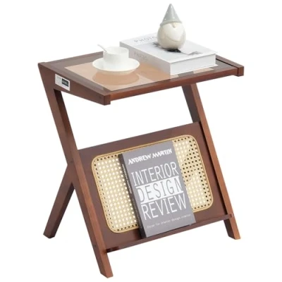 Abbildung von VEVOR Rattan Couchtisch Z förmiger Kaffeetisch geflochtenem Bambus mit Platte aus gehärtetem Glas, 50 cm moderner Boho Stauraum &amp; Beine, für Wohnzimmer, Schlafzimmer