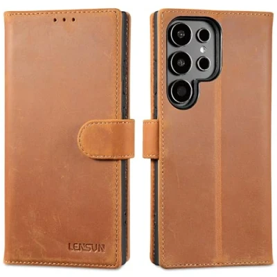 Abbildung von LENSUN Echtleder Hülle für Samsung Galaxy S24 Ultra 5G, Handyhülle Echtes Leder [RFID Schutz] [Kartenfach] Lederhülle Handytasche Vintage Braun