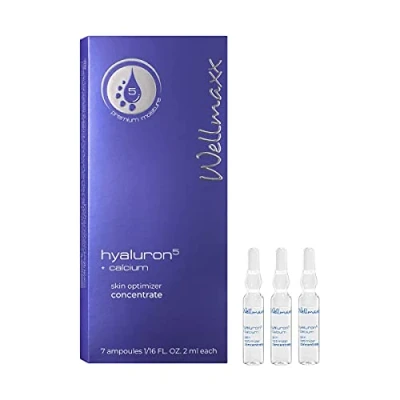 Abbildung von WELLMAXX hyaluron⁵ + calcium skin optimizer concentrate Anti Aging Hautpflege für jeden Hauttyp, mit 5 fach Hyaluron, leicht zu öffnende Ampullen, dermatologisch getestet, 7 x 2 ml